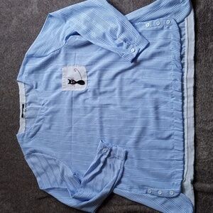 E-Retro striped blue and white top with vintage cat embroidered pocket